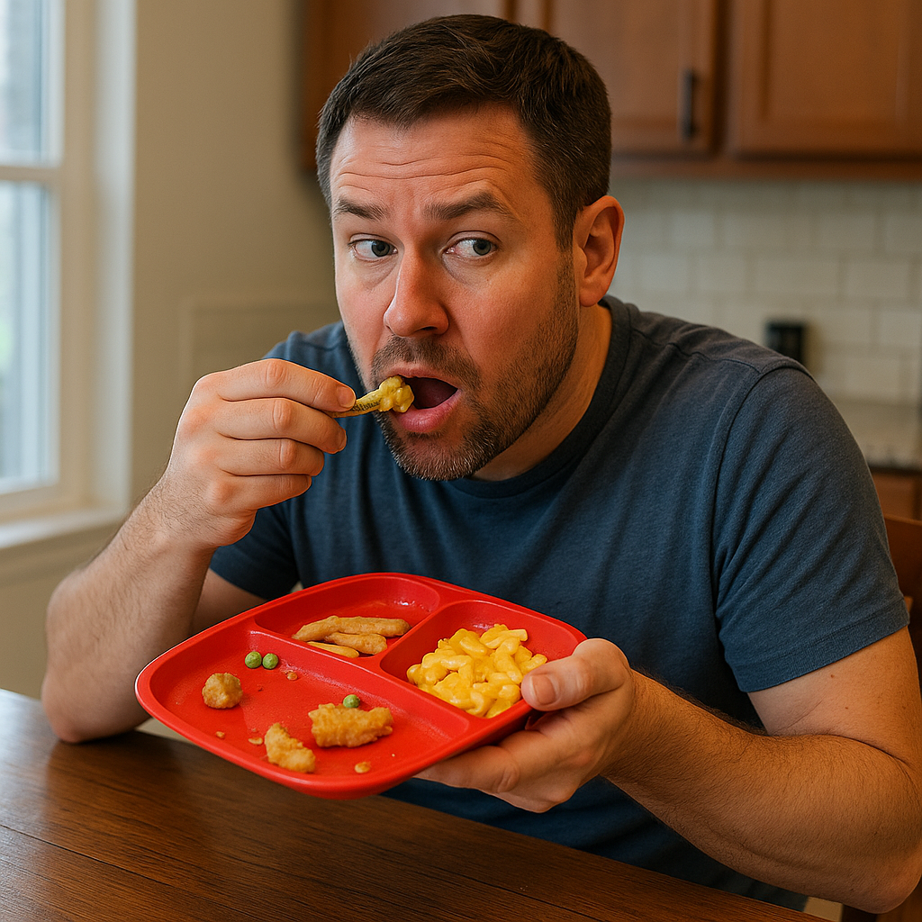 Dad secretly eating his child’s leftover mac and cheese and nuggets at the kitchen table.