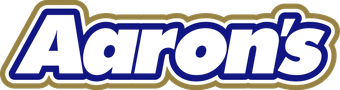 Aaron’s logo in blue and white with a gold outline on a white background