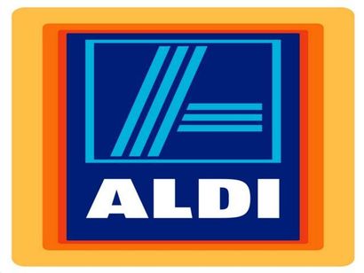 ALDI logo with blue, orange, and yellow square design
