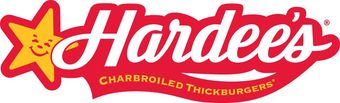 Hardee’s logo with red star mascot and yellow banner reading “Charbroiled Thickburgers”