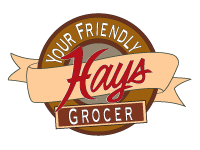 Hays Grocer logo with a brown circular badge, red script text, and a cream ribbon banner