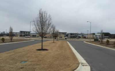Empty road leading to a low building complex under a cloudy sky, with bare trees and dry grass.