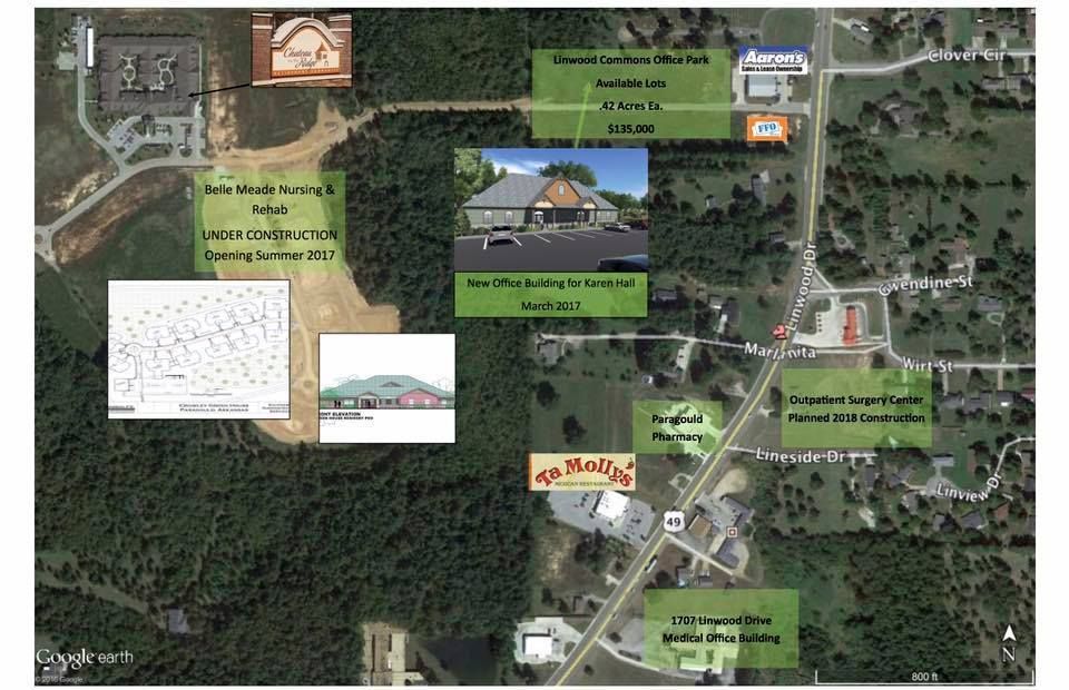 Aerial map with labeled green land parcels, roads, buildings, and inset photos of houses and a site plan.