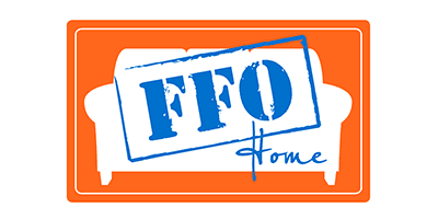 Orange and white FFO Home logo with a blue stamp-style mark