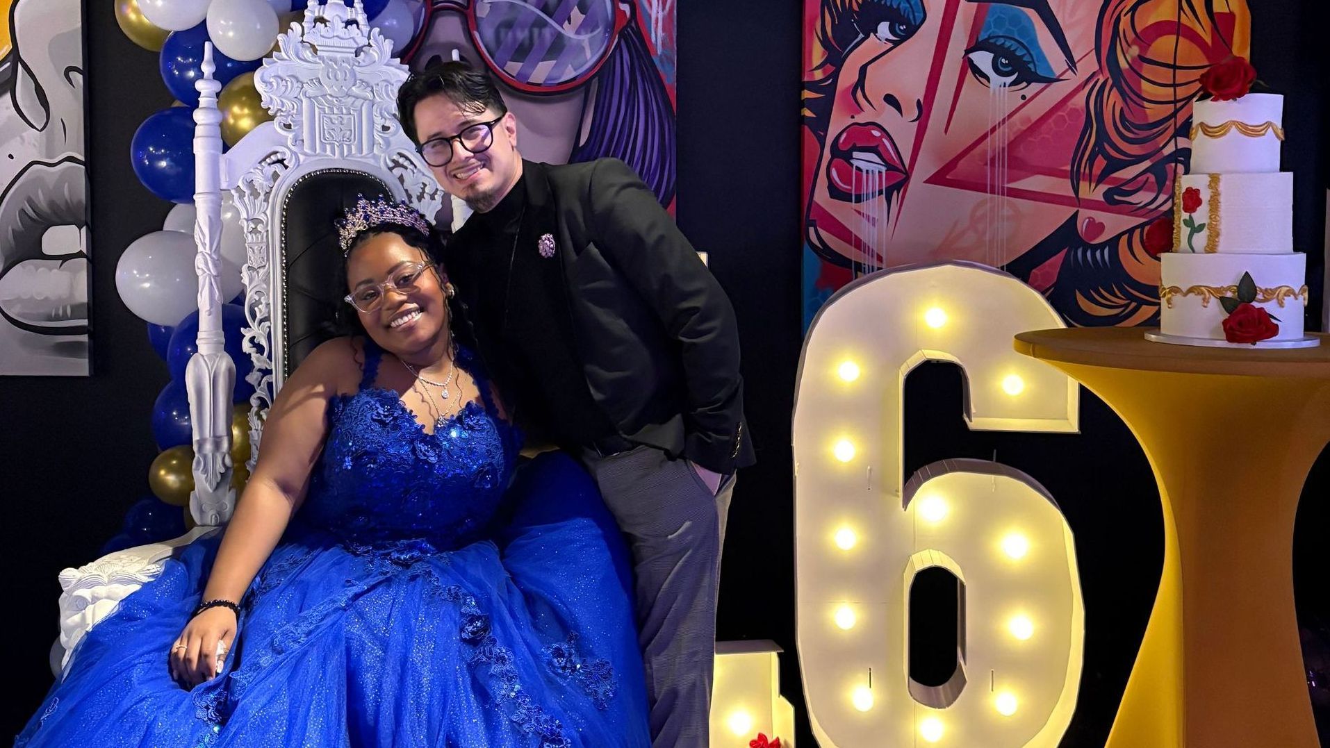 Cultura dance arts founder Brandon Contreras smiles next to a 16-year old girl at her sweet 16 birthday party.