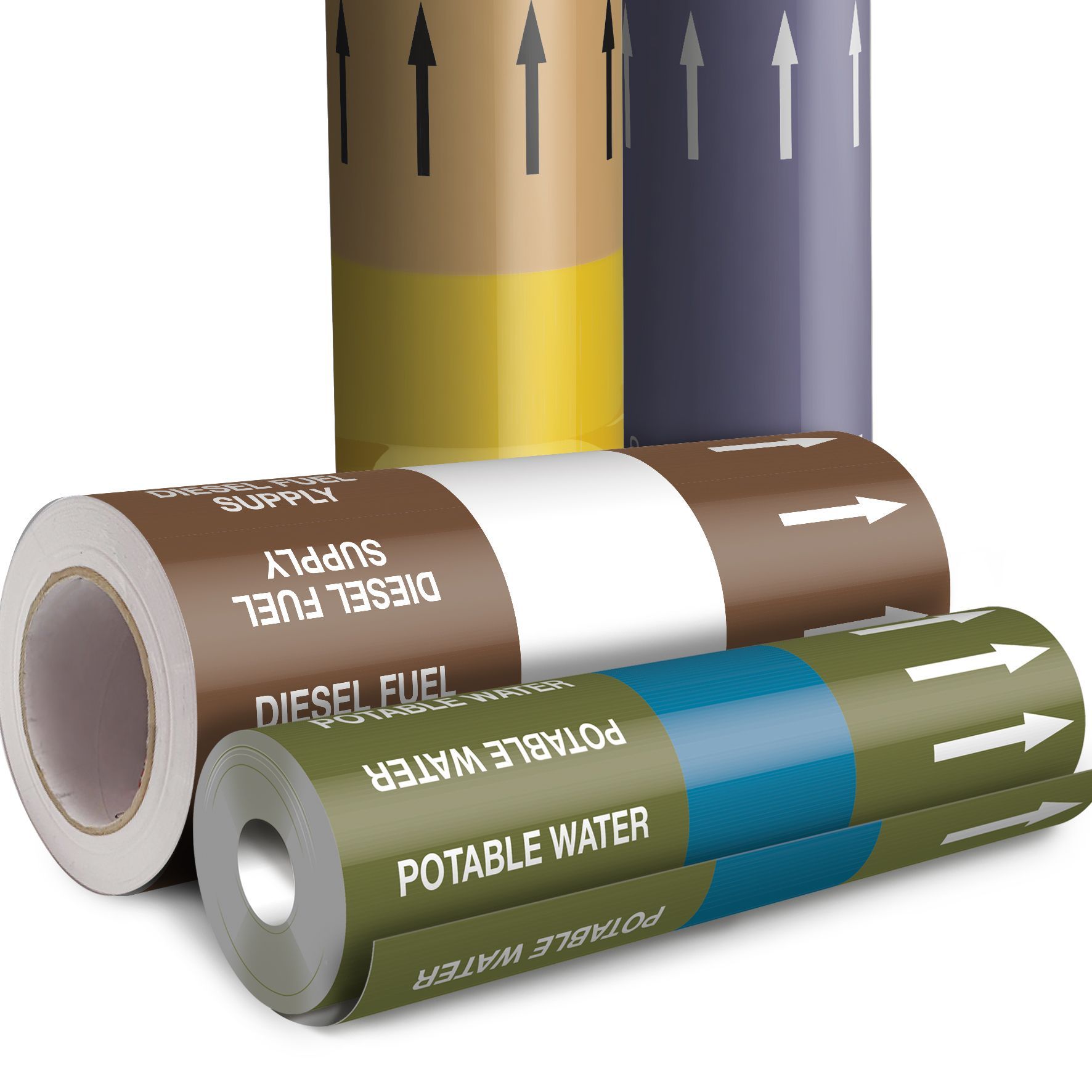 Rolls of vinyl pipe wrapsdesigned to BS1710 standards. Used to mark pipes for health & safety and for legal compliance. Shows labels that are used to identify piped carrying water, oils, gases and acids or alkalis.