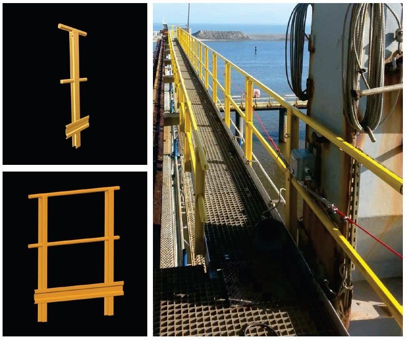 A top-down view of metal grating stairs with yellow railings leading to a work platform above water.