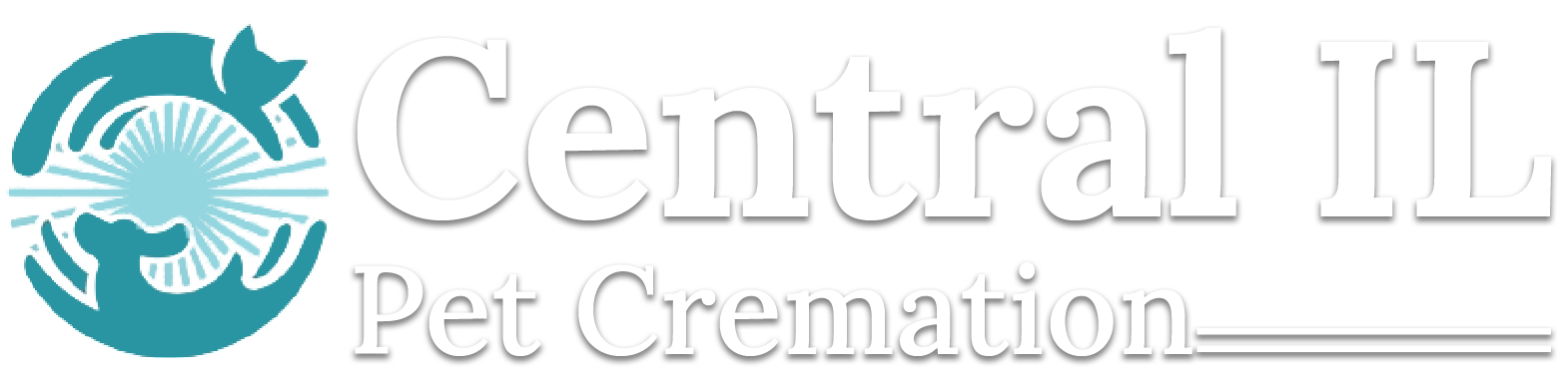 Logo for Central IL Pet Cremation, teal circle with a cat, dog, and sun design. 