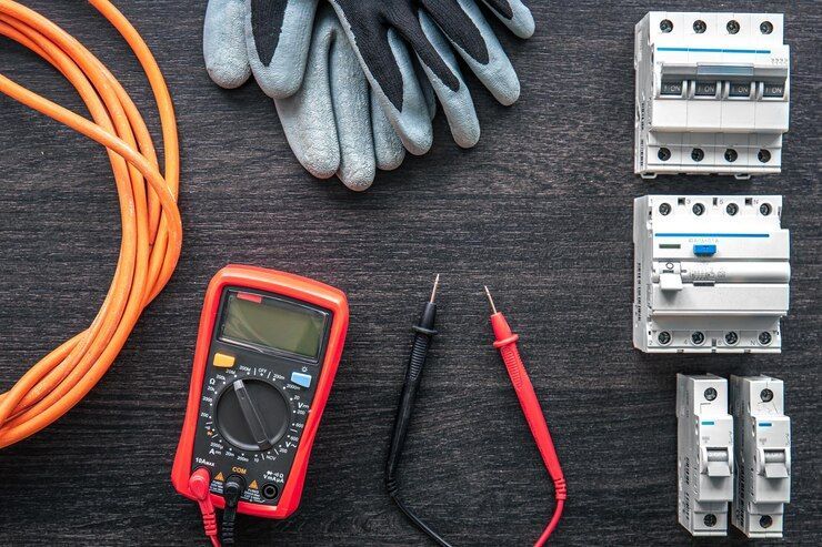 Electrical tools, gloves, cables, and circuit breakers arranged on a dark workbench.
