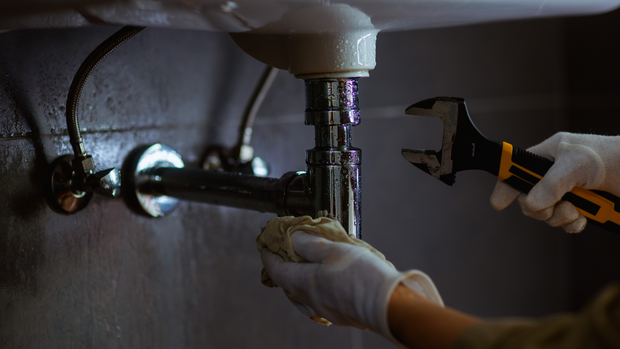 Gloved hands use pliers to work on a pipe under a sink in a dimly lit space