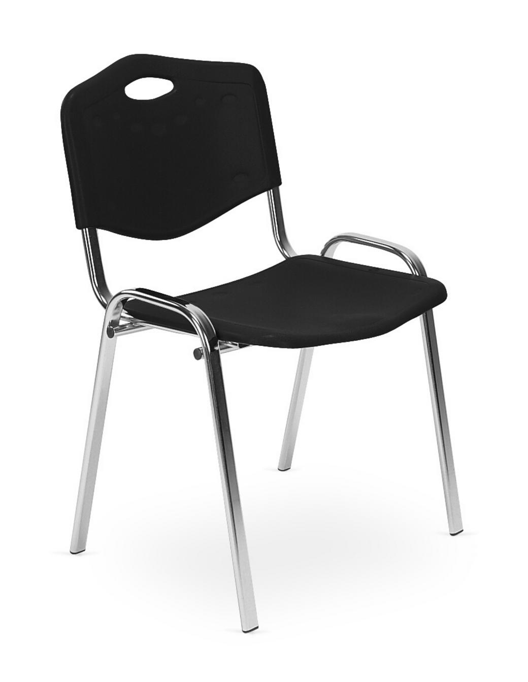 Svart polstret stol med kromben, buet rygg og en oval åpning øverst.