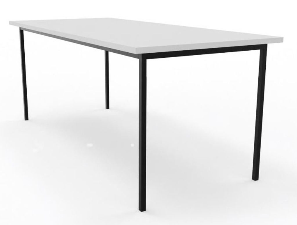 Hvitt rektangulært bord med svarte ben, isolert på hvit bakgrunn.