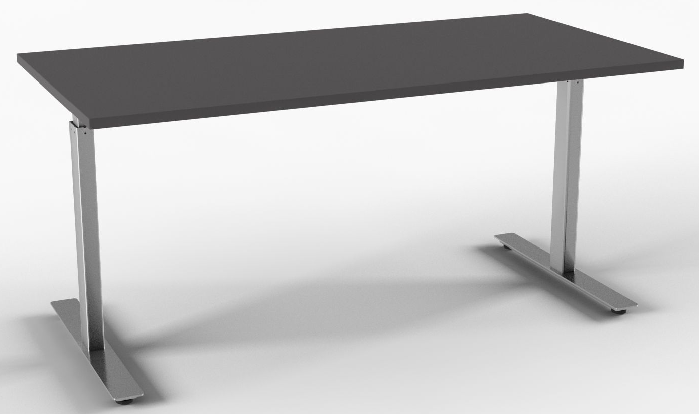 Moderne grått kontorbord med metallben på hvit bakgrunn