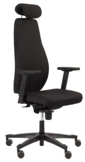 Svart ergonomisk kontorstol med armlener, nettingrygg og femhjulsbase
