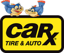 CarX Tire & Auto logo with two cartoon bluebirds perched on top. Yellow and black text.