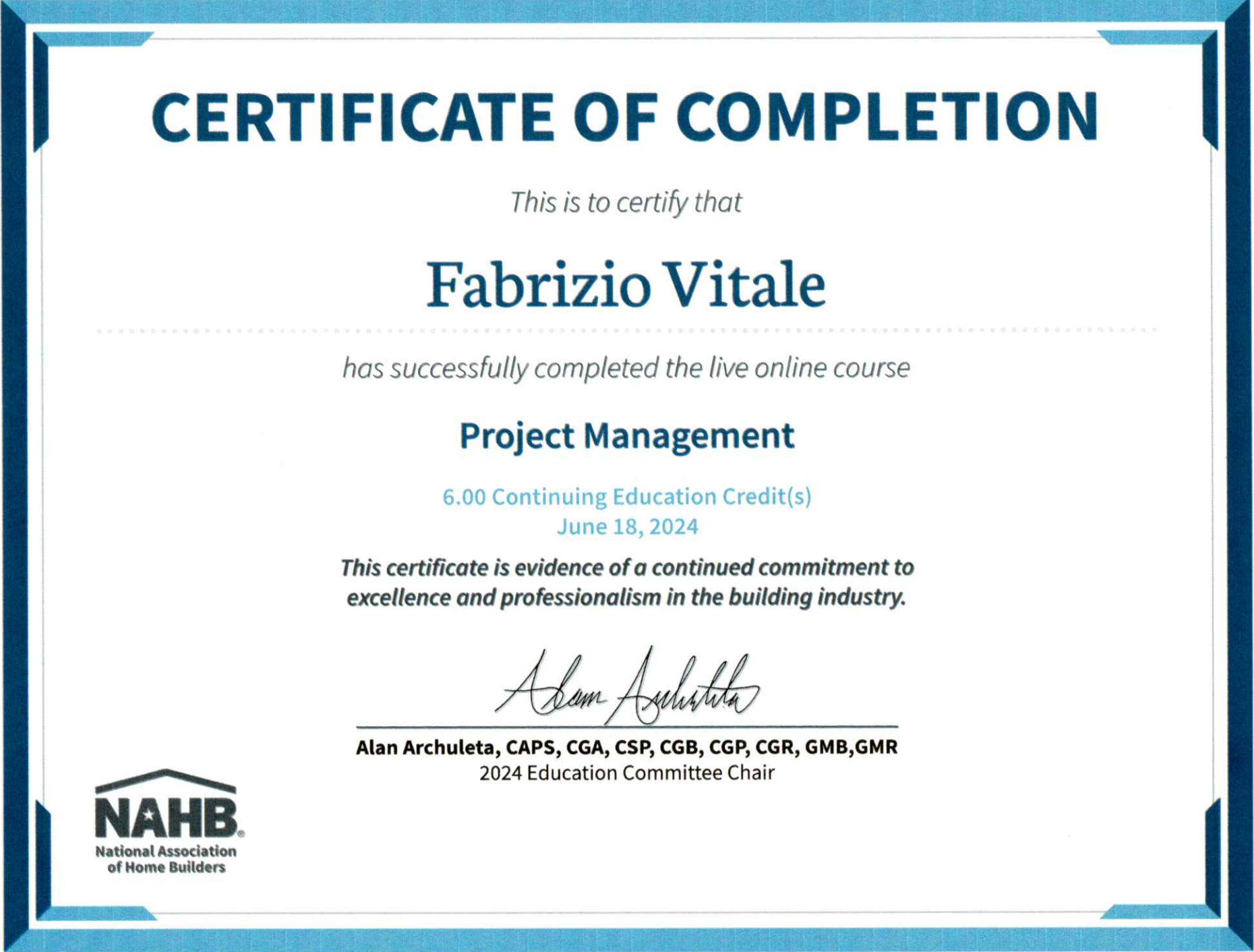 A certificate of completion for a project management course