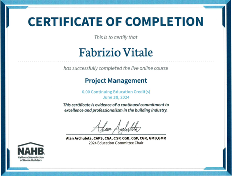 A certificate of completion for a project management course