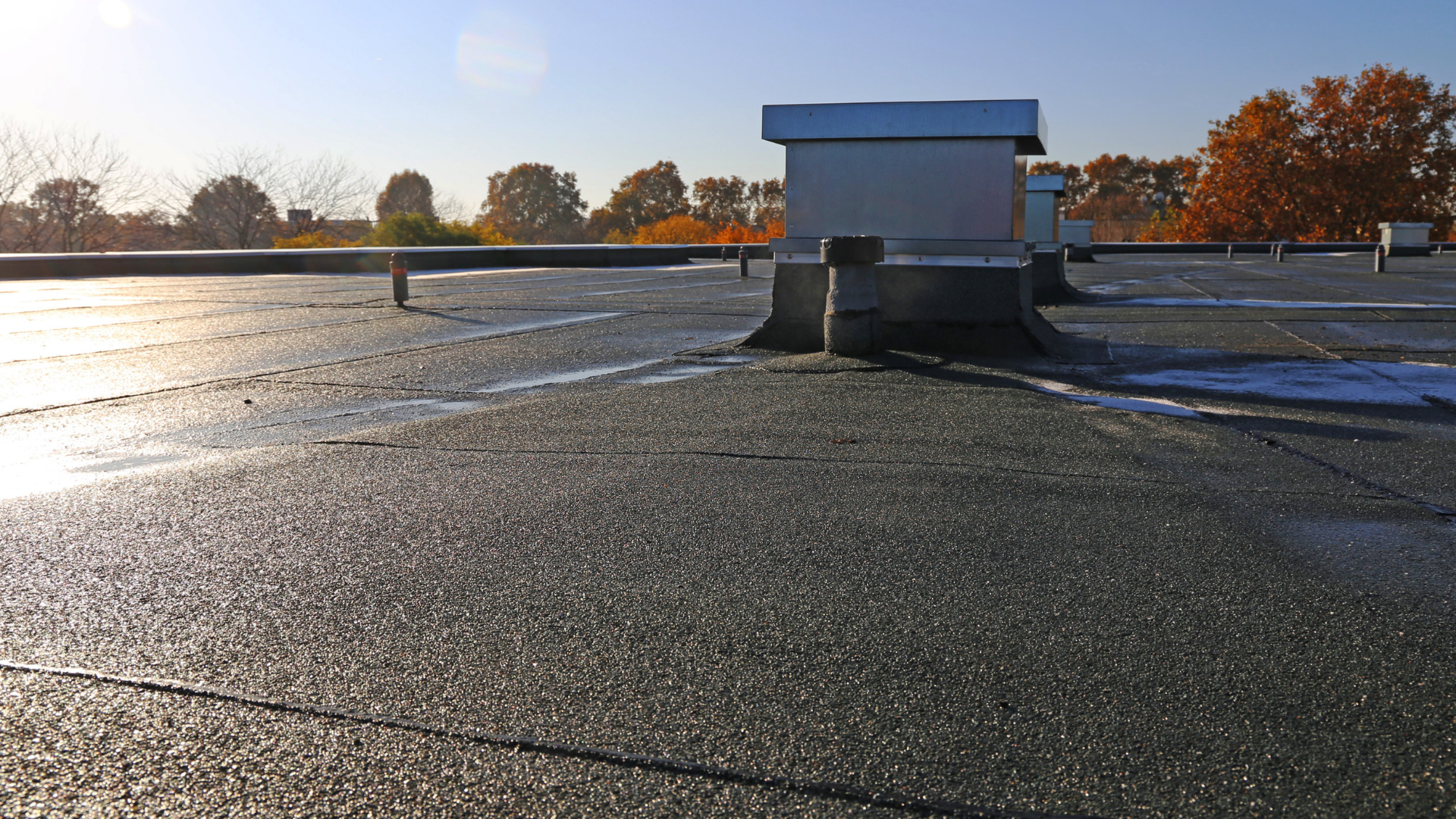 Flat, dark roofing material with a vent, reflecting sunlight.
