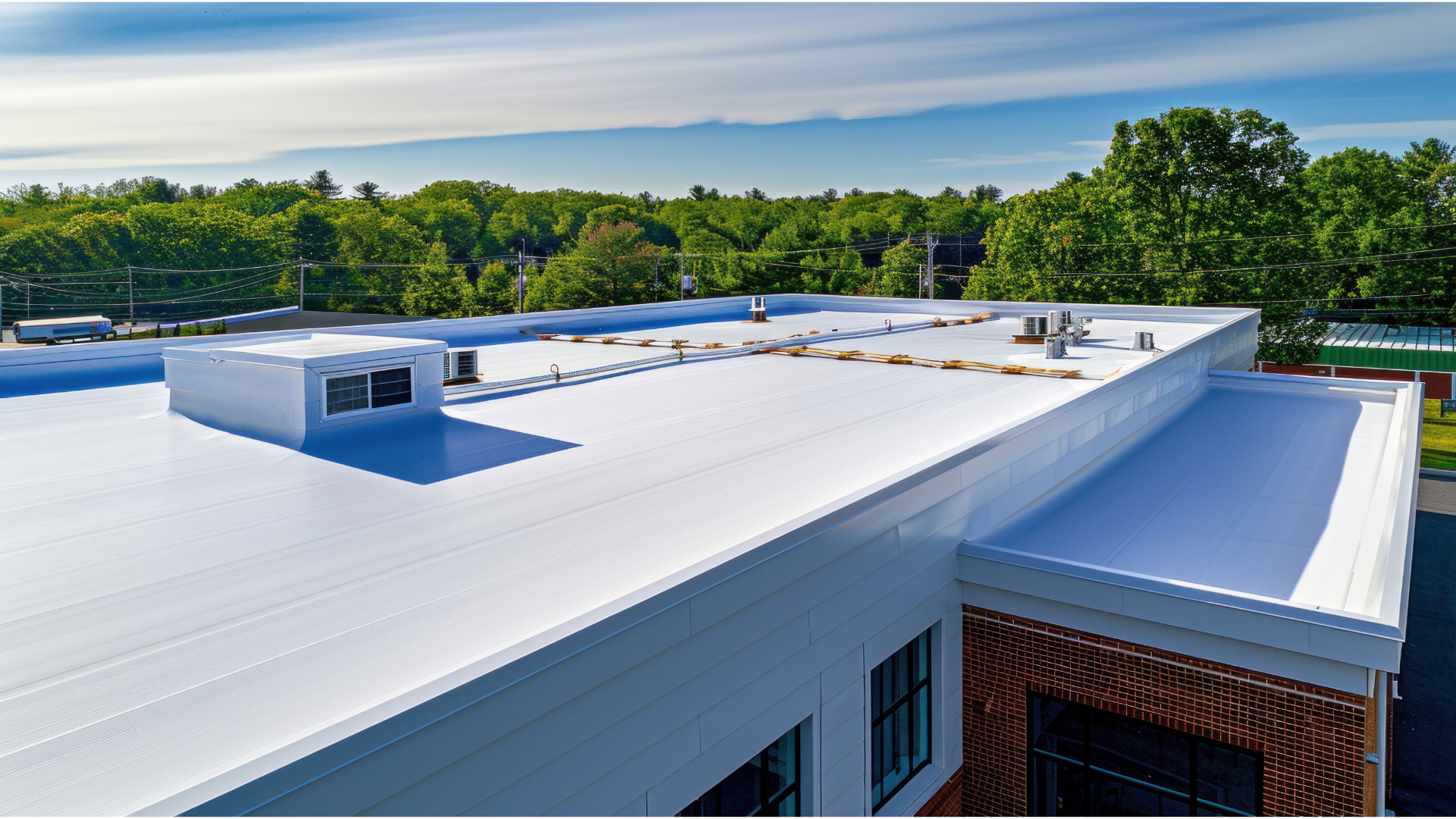 White flat rooftop with vents and a blue skylight, overlooking trees and water under a clear sky