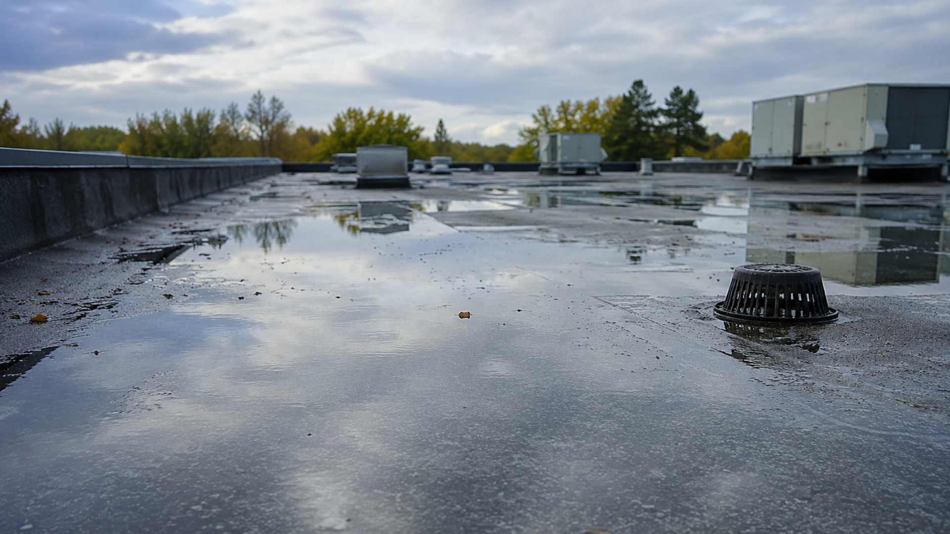 Rooftop with standing water and puddles reflecting cloudy sky, vents, and HVAC units after rain