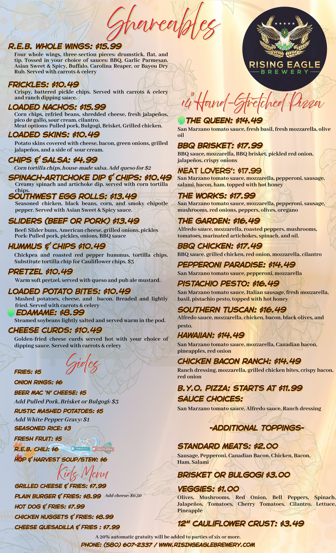 Sepia restaurant menu with ornate floral accents and two-column list of food and drink items