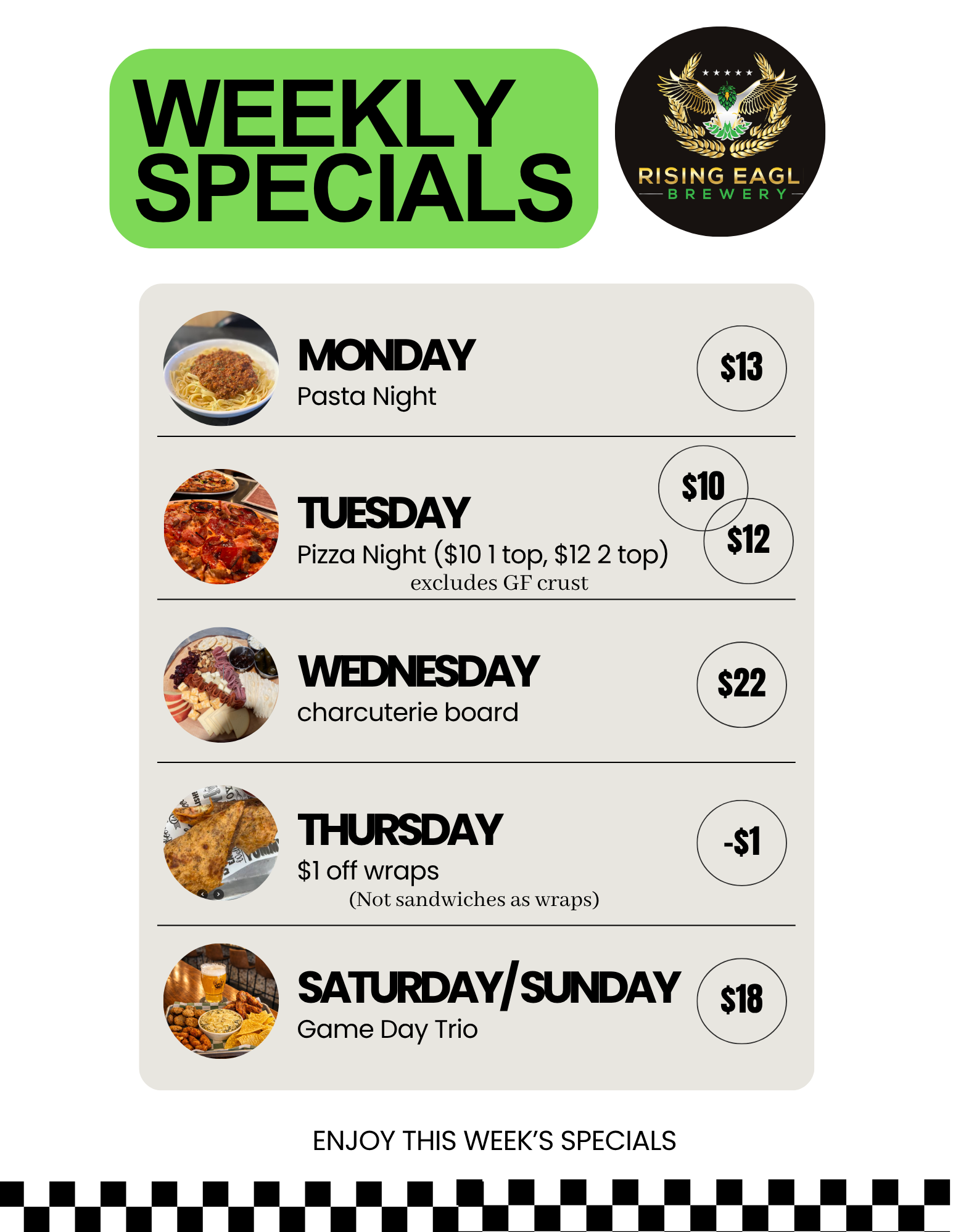 Weekly dinner specials menu with days and prices in red and green text