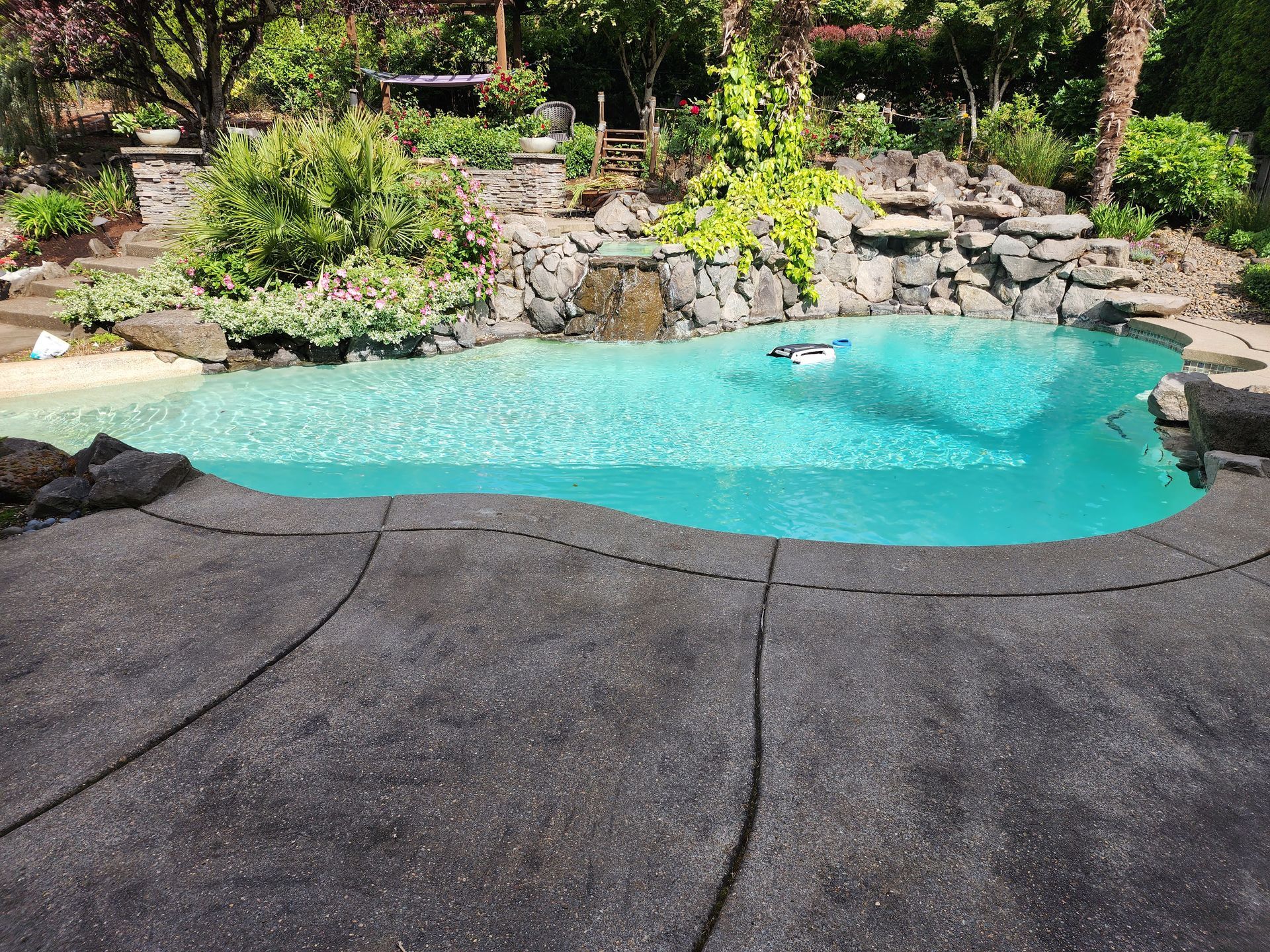 Hot water pressure washing removing mold from a home's Concrete in Tigard Oregon