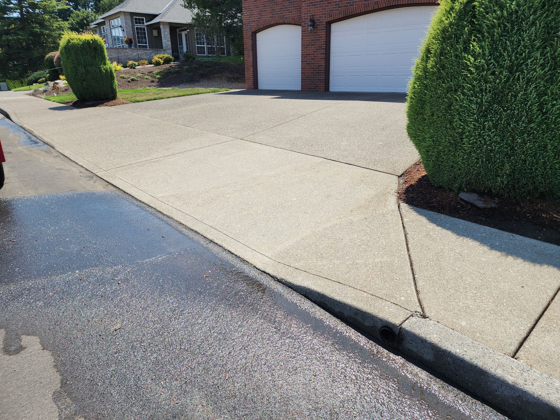 Hot water pressure washing removing mold from a home's Concrete in Tigard Oregon
