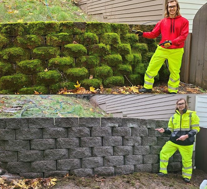 Cleaning a brick retaining wall with eco-friendly hot water pressure washing