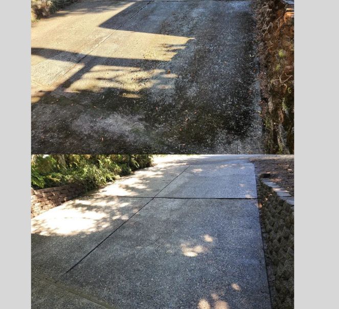 Before and After of a Driveway Hot water pressure washing removing mold from a home's exterior in Tigard Oregon