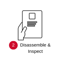 Hand holding a document icon above the text “Disassemble & Inspect” with a red 2 badge