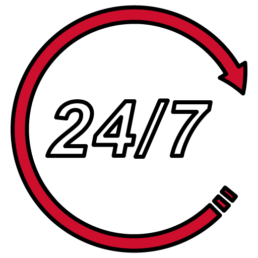 Red circular arrow around “24/7” in black outline, indicating round-the-clock availability.