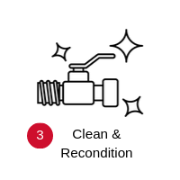 Clean and recondition step icon with valve and sparkles, labeled 3.