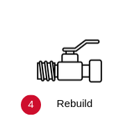 Red alert icon with number 4 next to a black valve icon labeled “Rebuild”