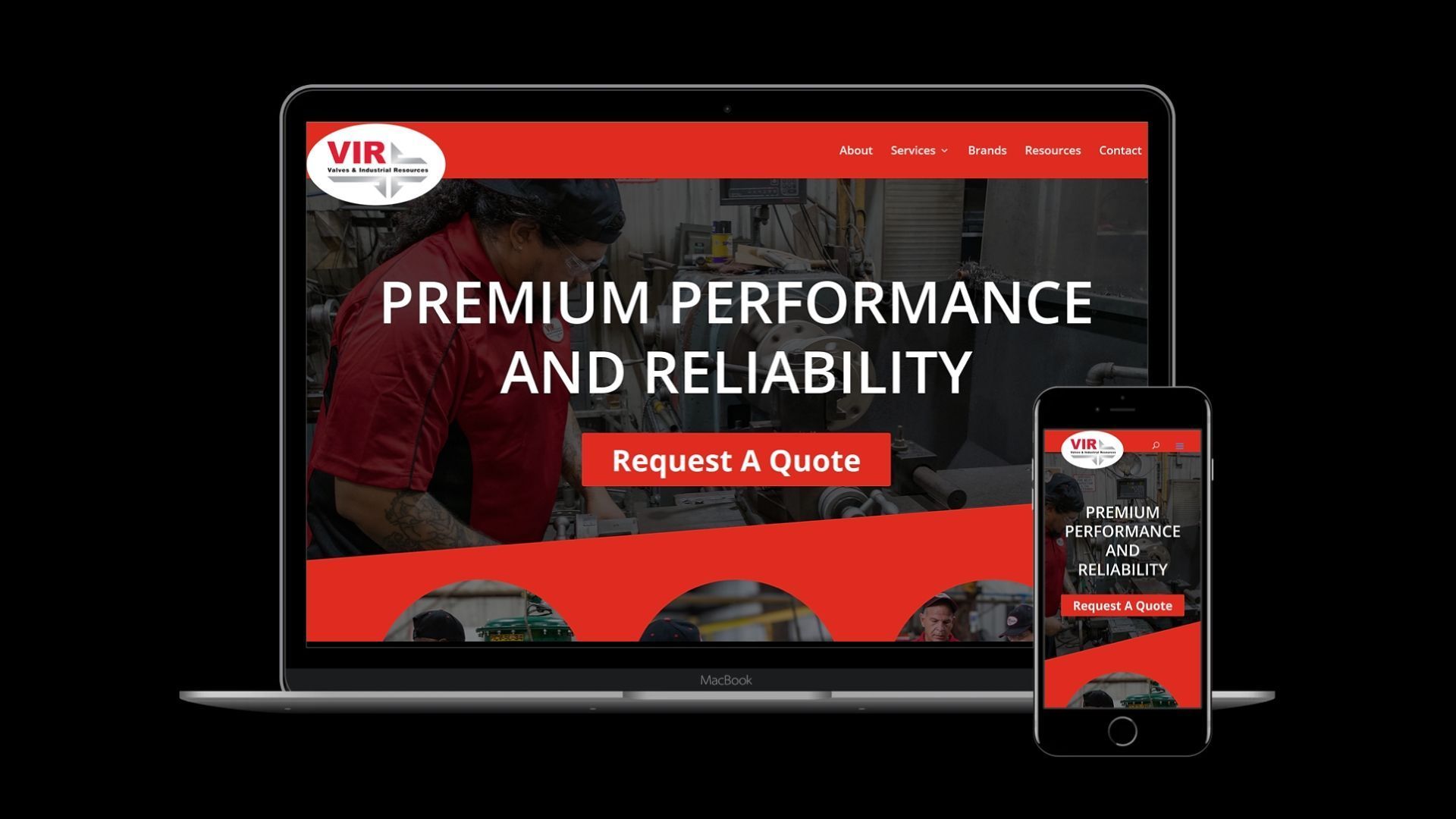 Laptop and smartphone showing a red automotive website with “Premium Performance and Reliability” and “Request a Quote”