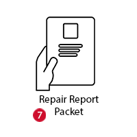 Repair report packet icon with red “7” badge and hand holding a document