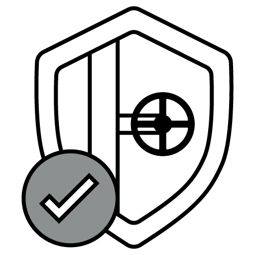 Gray shield icon with target symbol and checkmark badge, suggesting security or protection verification
