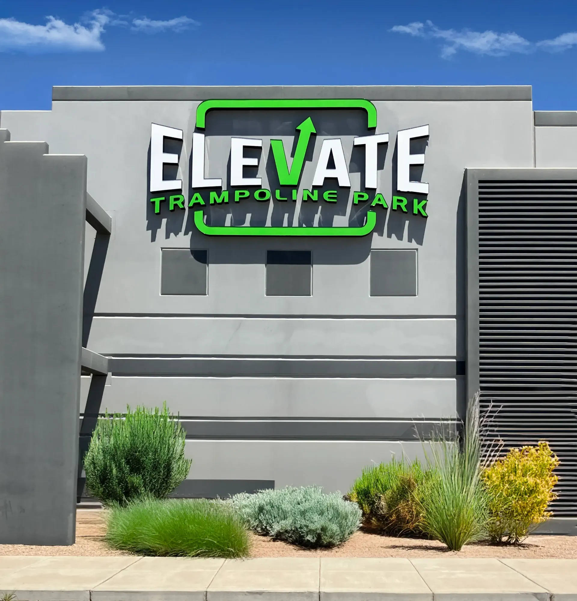 Elevate trampoline park is located on the side of a building