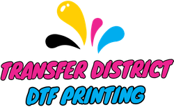 Transfer District DTF Printing logo with colorful ink drops in yellow, pink, blue, and black on white