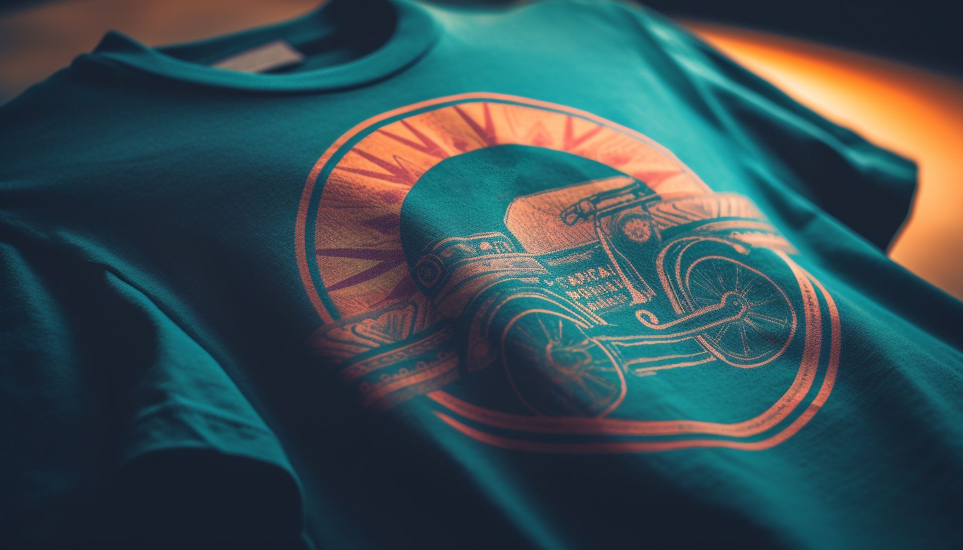Teal T-shirt with a glowing copper circular emblem and intricate mechanical design on the chest