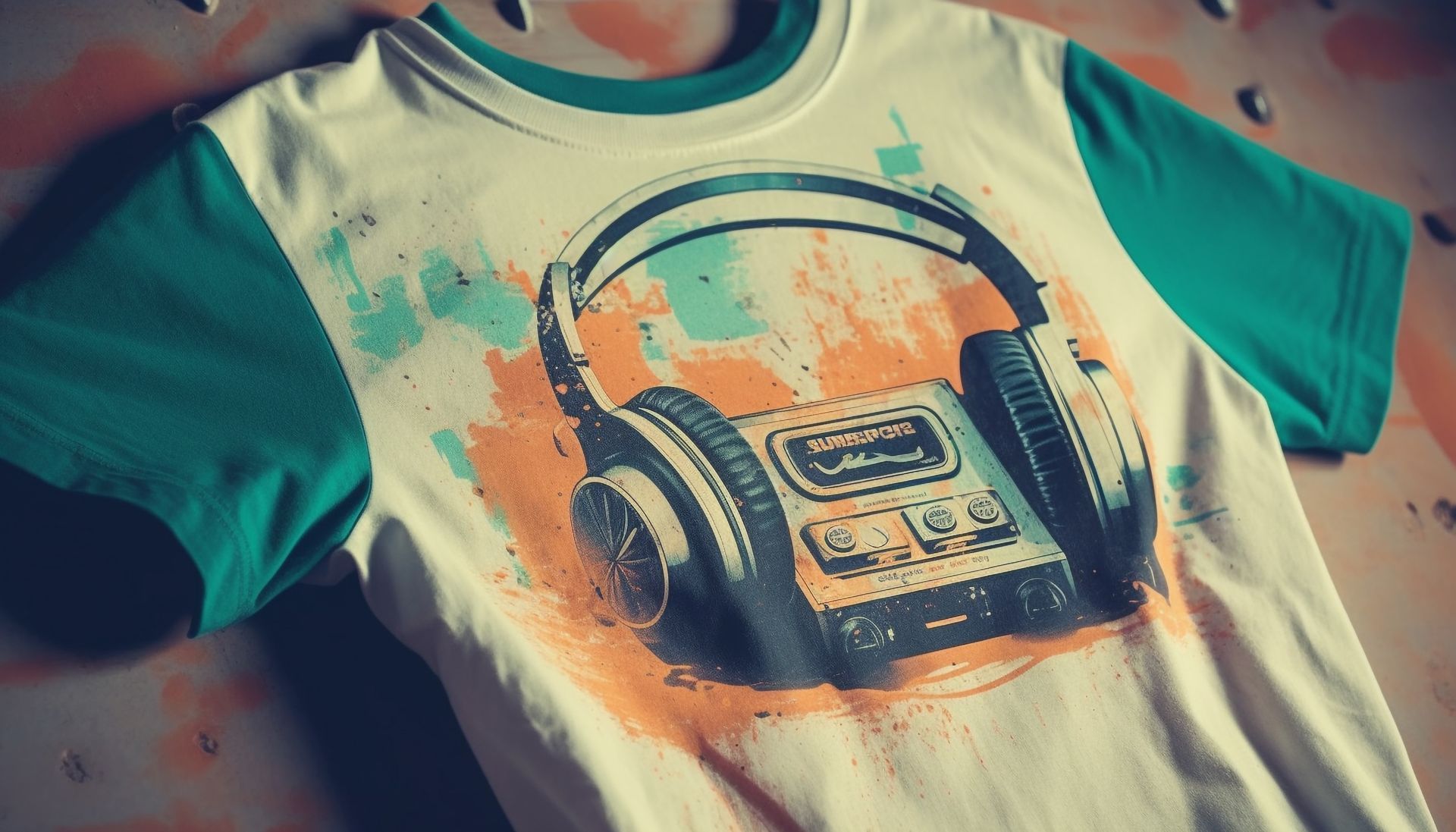 Graphic T-shirt with a retro cassette and headphones design in teal, orange, and white.