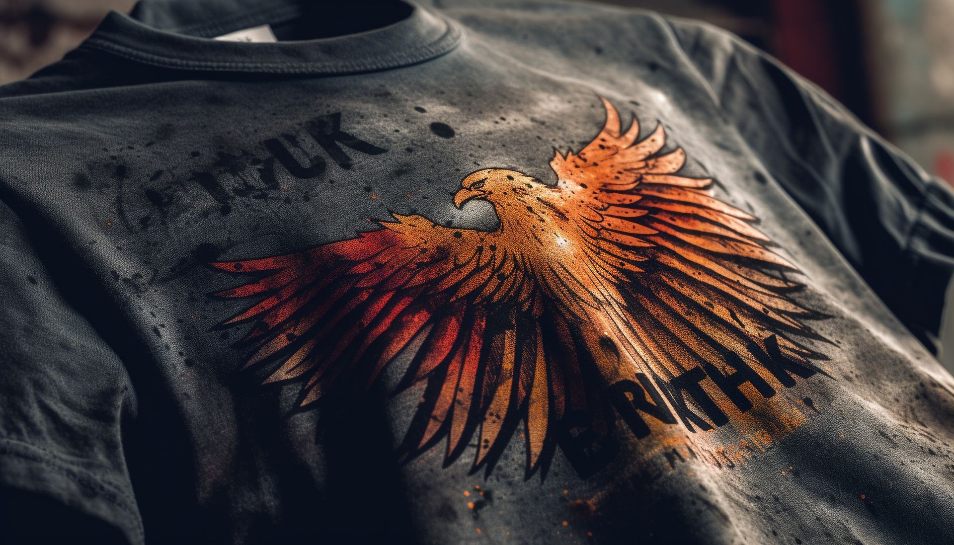 Close-up of a black T-shirt with a large orange and red eagle graphic across the chest