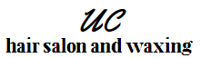A black and white logo for uc hair salon and waxing