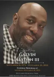 Memorial flyer with smiling portrait, checkered shirt, and text for Galvin Alston III funeral program and service details