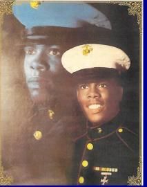 Two uniformed military portraits, one large faded profile and one smaller smiling front view.