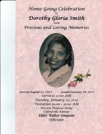 Memorial program cover with oval portrait, pink flowers, and text “Home Going Celebration” for Dorothy Gloria Smith