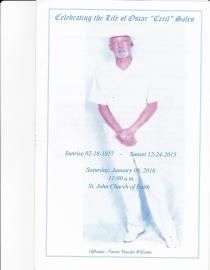 Memorial tribute poster with a man in white standing against a white background and blue text.