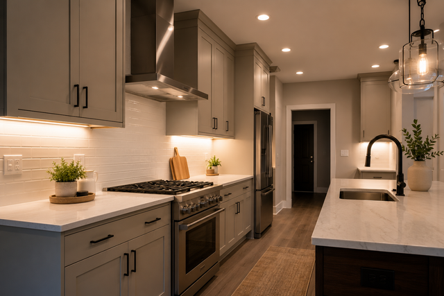 Modern kitchen with gray cabinets, white countertops, stainless stove, and an island under warm pendant lights