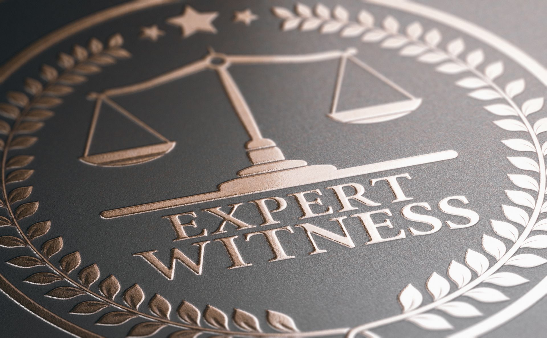 A close up of an expert witness logo with scales of justice and laurel wreath.