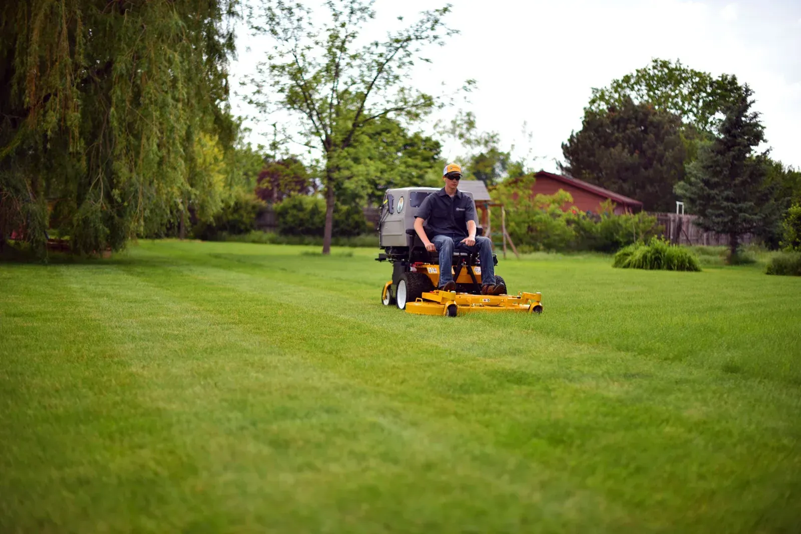 A Man Is Riding a Lawn Mower on A Lush Green Lawn — Stihl Shop Grafton in Grafton, NSW